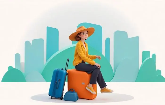 Beautiful Woman on the Pile of Suitcases 3D Character Design Illustration